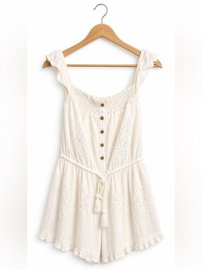 American Eagle Outfitters Cream Embroidered Button Romper Small Cottagecore boho